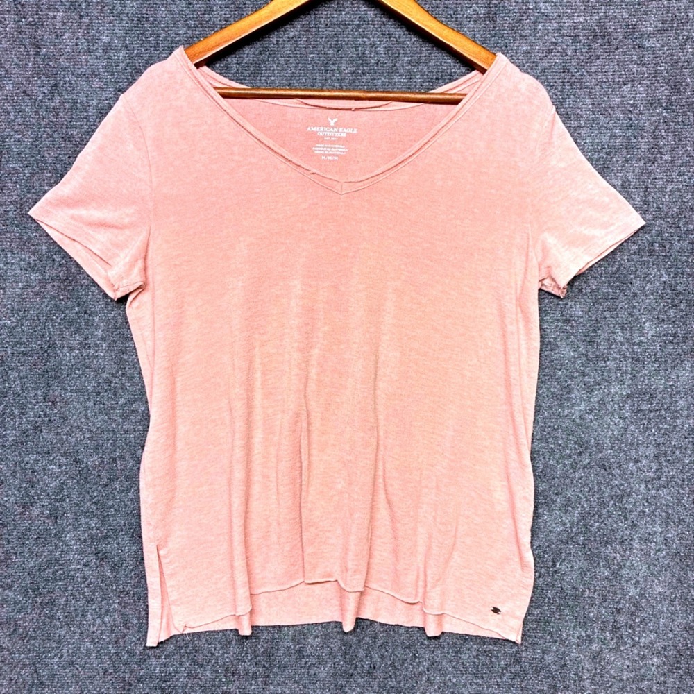 American Eagle V-Neck T-Shirt M Pink Short Sleeve Side Slit Soft‎ Jersey Tee